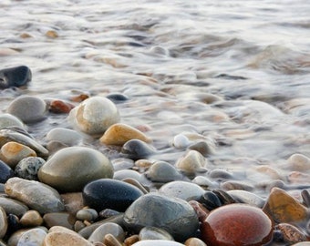 10x20 or 12x24" Pebble Beach print, water and rocks photography art, paper, canvas, horizontal or vertical picture, Lake Michigan wall decor