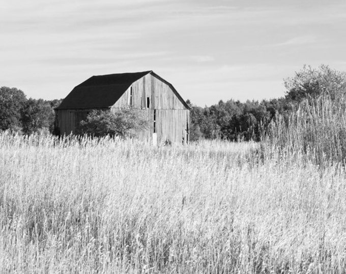 Old barn picture, art photo print, black and white, Michigan landscape photography, paper or canvas, rustic wall decor 5x7 11x14 20x30 24x36