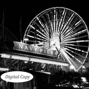 Chicago Navy Pier art, INSTANT DOWNLOAD, digital print copy, printable photo, black and white photography, Ferris Wheel decor, 5x7 to 12x18&quot;