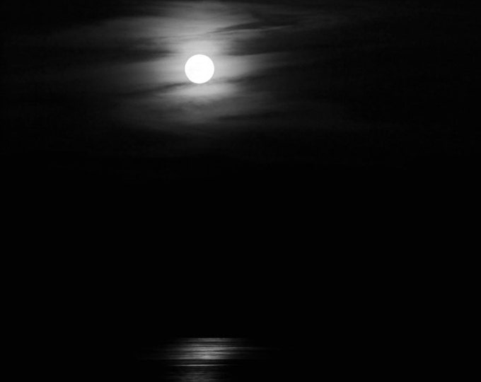Moon Reflection VERTICAL art photo print, black and white photography, lake full moon picture wall decor 8x10 12x16 20x30 30x45 large canvas