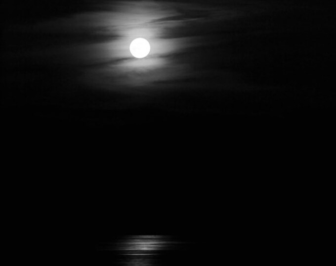 Moon Reflection VERTICAL art photo print, black and white photography, lake full moon picture wall decor 8x10 12x16 20x30 30x45 large canvas