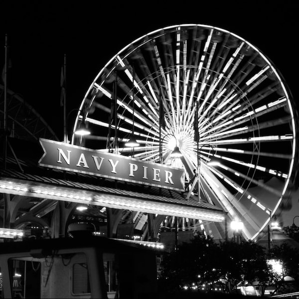 Navy Pier at Night, Chicago wall art, black and white photo, Chicago wall decor, Ferris Wheel, large canvas, 8x10 11x14 16x20 24x30 32x48"