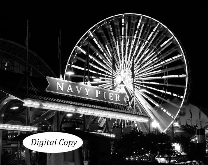 Chicago Navy Pier art, INSTANT DOWNLOAD, digital print copy, printable photo, black and white photography, Ferris Wheel decor, 5x7 to 12x18"
