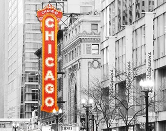 Chicago Theater print, black and white Chicago photography with pop of color, red neon sign, photo or canvas art 5x7 8x10 11x14 16x20 32x48"