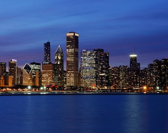 Chicago skyline photo print, Chicago art photography, Chicago picture, city downtown, blue cityscape, Chicago on canvas, 8x10 20x30 24x36