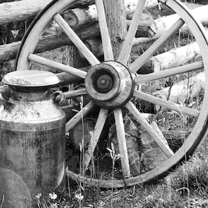 Wagon Wheel and Milk Can photo print, black and white photography, old vintage rustic wall art, country decor 8x10 11x14 12x18 16x20 20x30