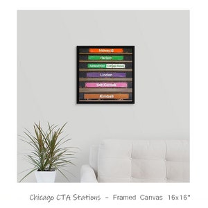 May include: Framed canvas print of a Chicago CTA station sign with the names of various stations, including Midway, Harlem, Ashland, Cottage Grove, Linden, 54th/Cermak, and Kimball. The sign is black with colorful station names.