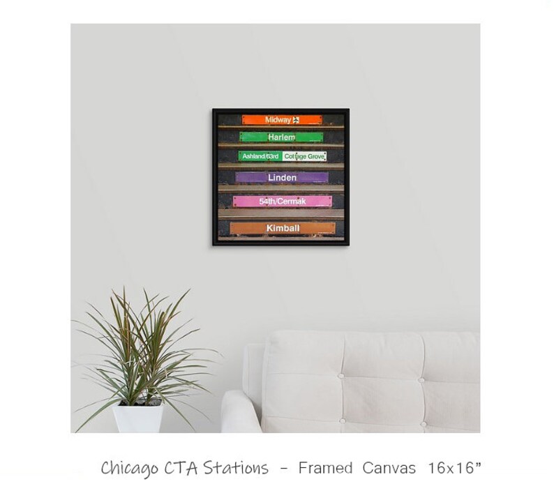 May include: Framed canvas print of a Chicago CTA station sign with the names of various stations, including Midway, Harlem, Ashland, Cottage Grove, Linden, 54th/Cermak, and Kimball. The sign is black with colorful station names.
