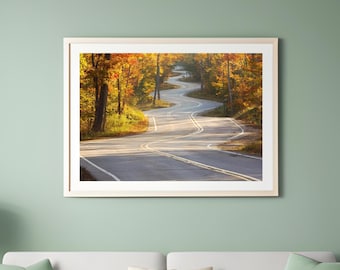 Winding Road photo print, Door County art photography, fall forest trees picture, large yellow canvas wall home decor 8x10 12x18 20x30 24x36