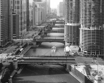 Chicago River photo print, bridges and boat picture, paper or canvas, black and white photography, large wall art decor, 5x7 8x10 to 32x48"