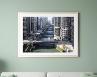 Chicago River wall art, Chicago photo, bridges and boat, city photography, large Illinois wall art, Chicago wall decor, 5x7 8x10 24x36 40x60