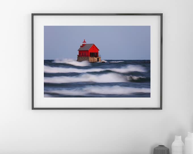 Grand Haven Red Lighthouse photo print, dreamy picture, Lake Michigan art photography, large paper or canvas wall decor, 5x7 to 24x36 inches