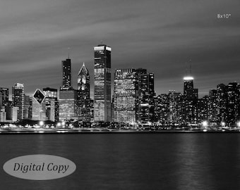 Chicago Skyline picture, INSTANT DOWNLOAD, black and white, digital print copy, printable photo, city wall art decor, 5x7 to 12x18 inches