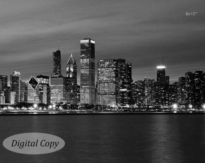 Chicago Skyline picture, INSTANT DOWNLOAD, black and white, digital print copy, printable photo, city wall art decor, 5x7 to 12x18 inches