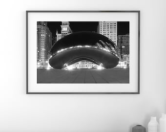 Chicago Bean print, black and white Chicago wall art, Chicago photography at night, large Chicago picture, canvas, 5x7 8x10 11x14 to 32x48