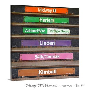 May include: A set of six vintage Chicago CTA subway station signs, each with a different name and color. The signs are arranged in a staircase pattern, with the top sign reading "Midway" and the bottom sign reading "Kimball".