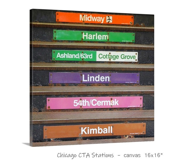 May include: A set of six vintage Chicago CTA subway station signs, each with a different name and color. The signs are arranged in a staircase pattern, with the top sign reading "Midway" and the bottom sign reading "Kimball".