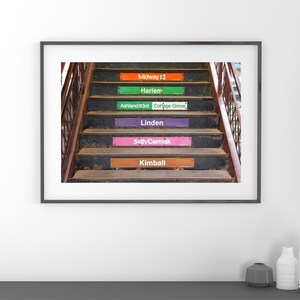 May include: A vintage-style subway station sign with the names of different Chicago train stops: Midway, Harlem, Ashland/63rd, Cottage Grove, Linden, 54th/Cermak, and Kimball.