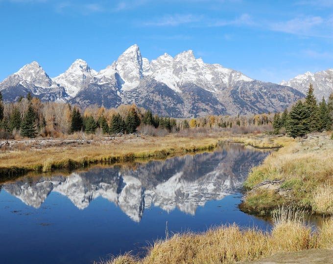 Grand Teton photo print, Wyoming photography wall art decor, snow-capped mountains reflections, large paper or canvas picture, 5x7 to 30x45"