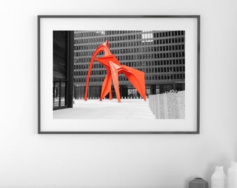 Chicago Flamingo sculpture, red black and white art photo print, city photography, large picture or canvas wall decor 8x10 12x16 20x30 30x45