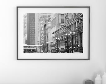 Chicago art print, Chicago State Street photo, black and white Chicago photograph, Chicago Theater picture, canvas wall art, 5x7 to 32x48"