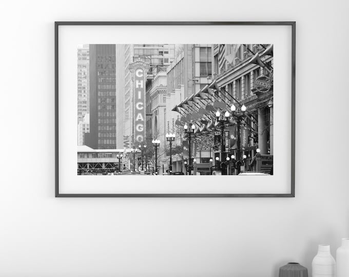 Chicago art print, Chicago State Street photo, black and white Chicago photograph, Chicago Theater picture, canvas wall art, 5x7 to 32x48"