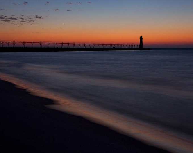 Manistee Lighthouse Sunset photo, nautical wall art, print or canvas, Lake Michigan photography beach decor 5x7 8x10 11x14 16x20 20x30 30x45