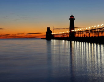 Grand Haven Lighthouse Romance photo print, Lake Michigan art photography, large paper or canvas wall decor, sunset picture 5x7 to 32x48"