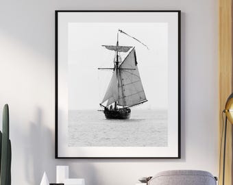 Sailboat photo print, black and white ship, nautical art photography, large Lake Michigan paper or canvas wall decor 8x10 11x14 16x20 30x45