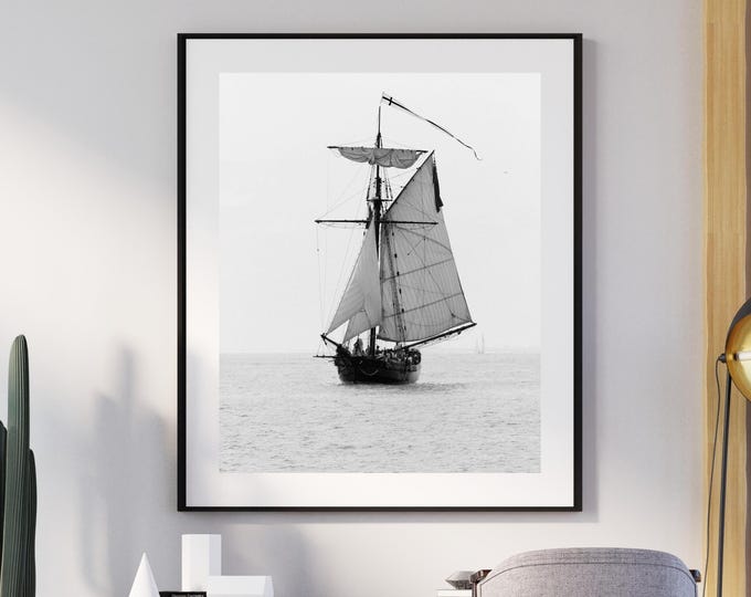 Sailboat photo print, black and white ship, nautical art photography, large Lake Michigan paper or canvas wall decor 8x10 11x14 16x20 30x45