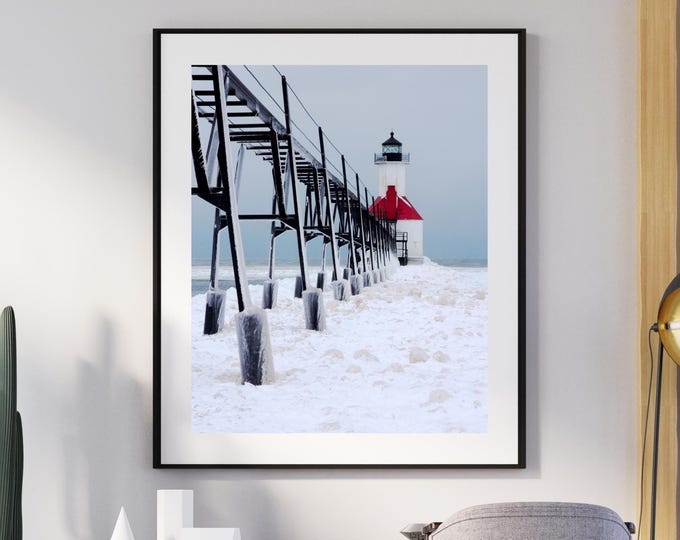 Lighthouse photography, Michigan art photo print, St Joseph winter scenery, large picture or canvas wall decor 8x10 11x14 16x20 20x30 30x45