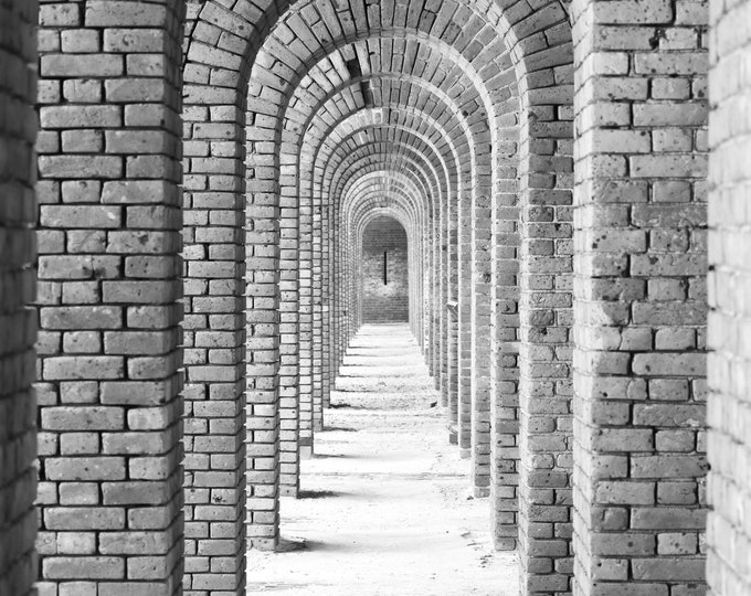 VERTICAL arches print, black and white pattern, vanishing point photography, Fort Jefferson Florida wall art, Dry Tortugas, 5x7 to 40x60"