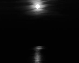 Moon Reflection, VERTICAL art photo print, black and white photography, full moon picture over lake, moon art 5x7 8x10 12x16 20x30 24x36
