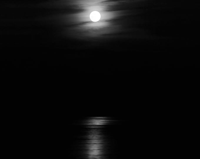 Moon Reflection, VERTICAL art photo print, black and white photography, full moon picture over lake, moon art 5x7 8x10 12x16 20x30 24x36