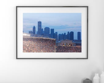 Chicago Soldier Field Skyline photo print, Bears football picture, orange blue art wall decor, large paper or canvas 8x10 11x14 16x24 20x30