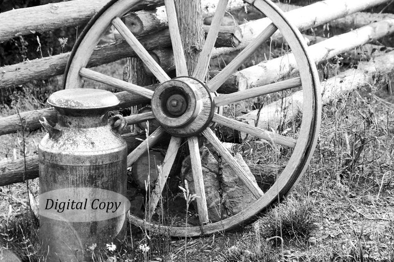 Puede incluir: Una foto en blanco y negro de una rueda de carro de madera vintage apoyada en una valla de madera. Una lata de leche de metal con tapa se encuentra delante de la rueda.