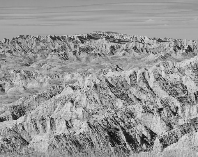 Badlands photo print, black and white South Dakota wall art, National Park photography decor, large paper or canvas picture, 5x7 to 20x30"