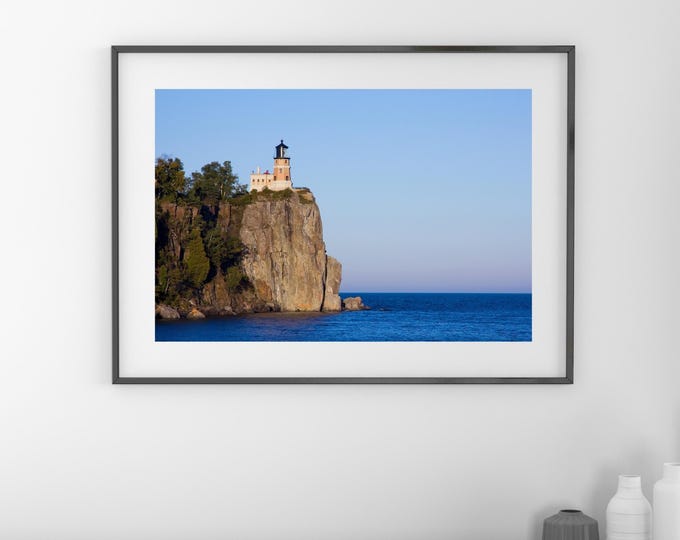 Split Rock Lighthouse art photo print, Lake Superior photography, cliff picture, blue home wall decor, large canvas 5x7 11x14 16x20 20x30