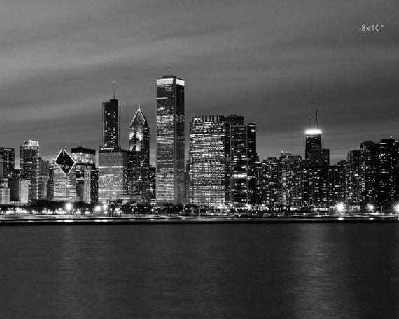 Chicago Skyline At Night Black And White