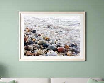 Pebbles art print, pebble beach photography, paper or canvas picture, Lake Michigan shore, rocks photo wall decor, 8x10 11x14 to 24x36 30x45