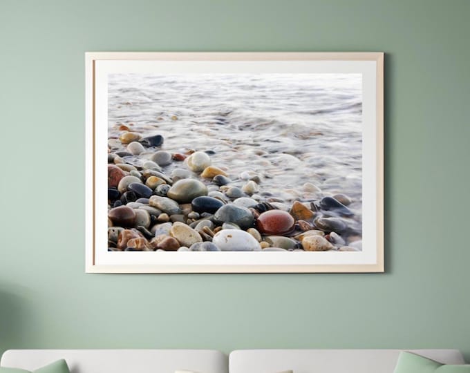 Pebbles art print, pebble beach photography, paper or canvas picture, Lake Michigan shore, rocks photo wall decor, 8x10 11x14 to 24x36 30x45
