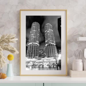 VERTICAL Chicago print, Chicago wall art, Marina City Twin Towers, black and white Chicago photo, Chicago photography, 5x7 8x10 18x24 20x30&quot;