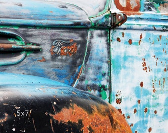 Blue rusty car picture, retro art, colorful photo print, old vintage Ford, large wall decor, paper or canvas 8x10 11x14 12x12 20x30 24x36