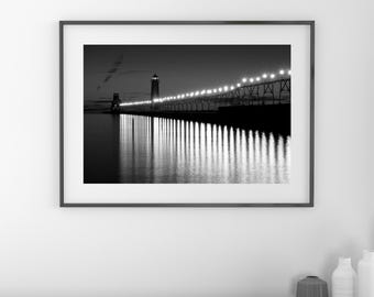 Grand Haven Lighthouse picture, black and white art photo print, Michigan photography, large wall decor, paper, canvas, 5x7 8x10 to 30x45"