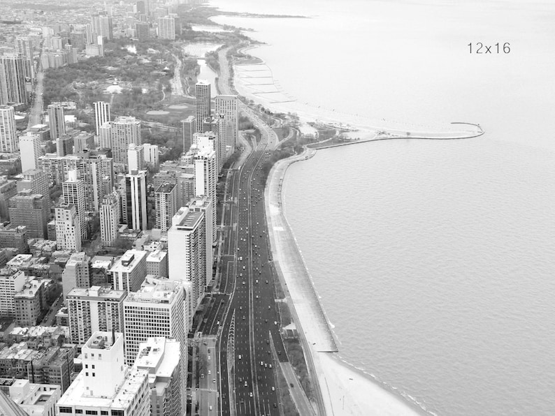 Chicago Lake Shore Drive photo print, Chicago photography, black and white art, large wall art, paper or canvas picture, 5x7 8x10 to 24x36 image 2