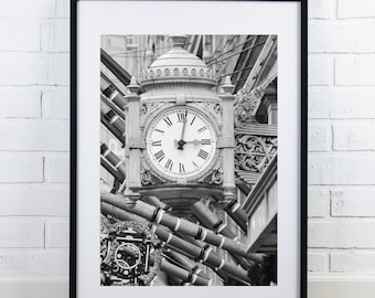 Chicago wall art, Marshall Fields clock photo print, Chicago photography, black and white artwork, poster or canvas, 5x7 8x10 to 32x48"