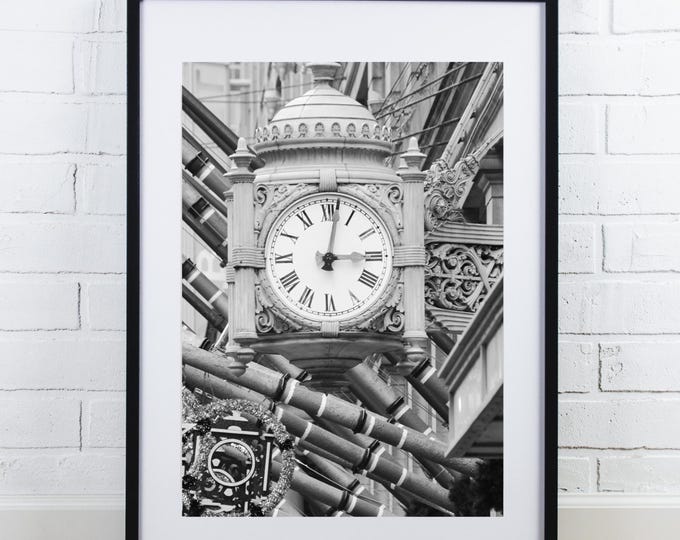 Chicago wall art, Marshall Fields clock photo print, Chicago photography, black and white artwork, poster or canvas, 5x7 8x10 to 32x48"