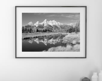 Grand Teton photo print, black and white Wyoming art, snow-capped mountains photography wall decor, large paper canvas picture 5x7 to 32x48"
