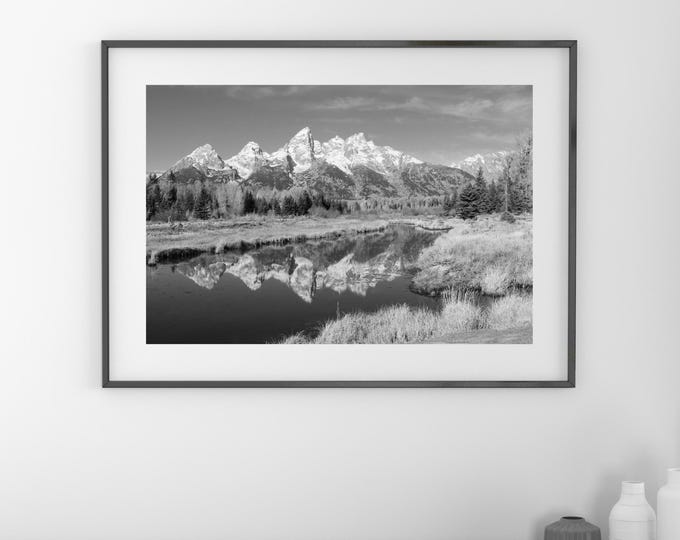 Grand Teton photo print, black and white Wyoming art, snow-capped mountains photography wall decor, large paper canvas picture 5x7 to 32x48"