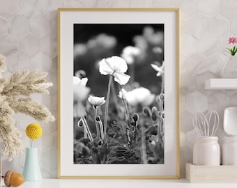 Poppies photo print, VERTICAL floral art, black and white photography, large paper or canvas picture, flowers wall decor, 5x7 8x10 to 32x48"